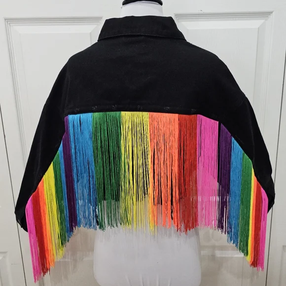 Dolls Kill Club Exx Rainbow Fringe Feel This Moment Black Denim Jacket Coat - Picture 1 of 9